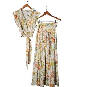 NWT Rachel Zoe Floral Print Faux Wrap Crop Top & Maxi Skirt Size S Resort Linen